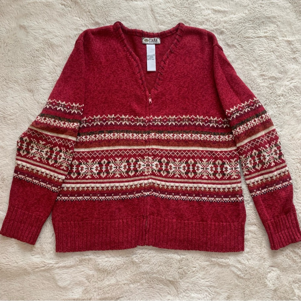 Tiara Vintage Red Fair‎ Isle Zip Up Cardigan Size Medium